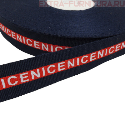 Лента репсовая шир.25мм цв.т.синий-красный с белой печатью "NICE", арт.36159.001 (уп.50м)