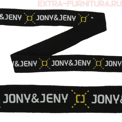 Тесьма шир.25мм трикотажная Лампас №195 цв.черный/белый/желтый надпись JONI JENY уп.10м